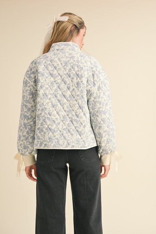 Floral Quilted Jacket With Bow Tie Ribbon Detail