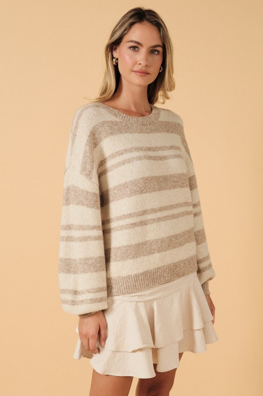 Cozy Neutral Striped Slouchy Knit Crew Neck Sweater