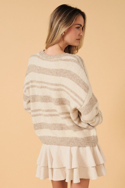 Cozy Neutral Striped Slouchy Knit Crew Neck Sweater