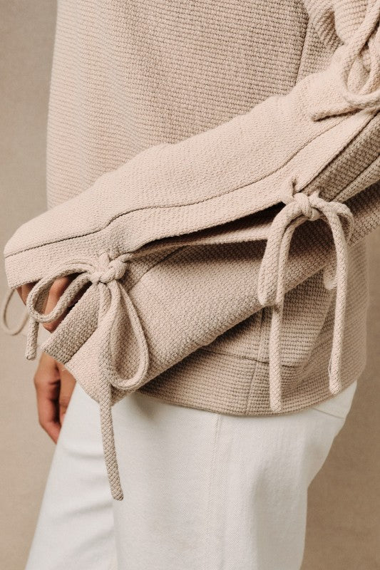 Ribbed Long Sleeve Side Tie Detail Knit Pullover