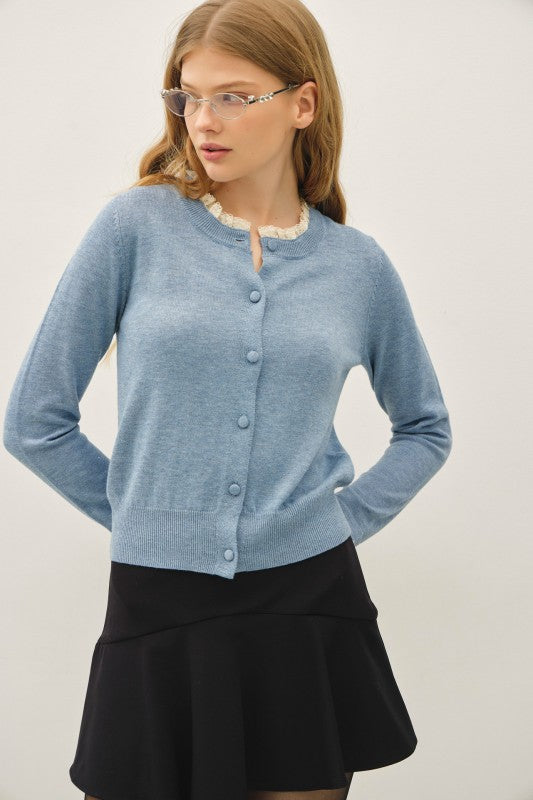 Lace Trim At Neck And Cuff Fine Cardigan