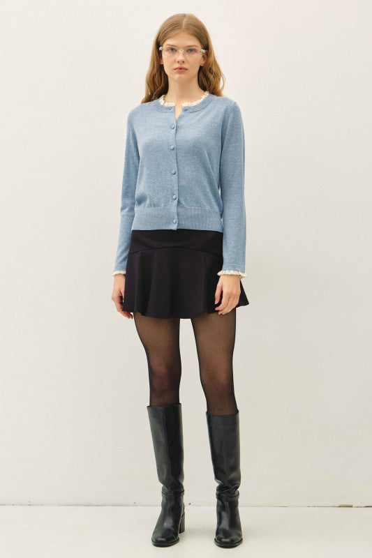 Lace Trim At Neck And Cuff Fine Cardigan