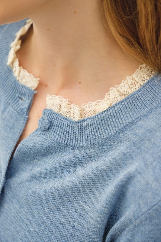 Lace Trim At Neck And Cuff Fine Cardigan