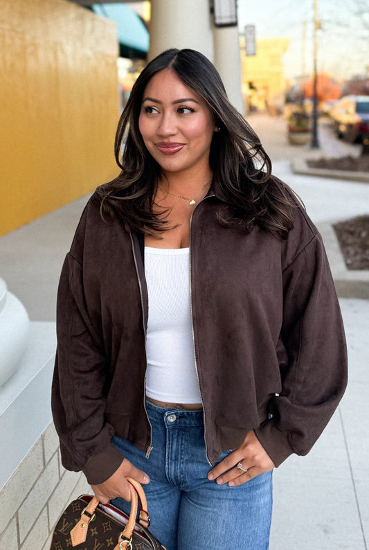 Faux Suede Collared Zip Front Ribbed Trim Bomber Jacket